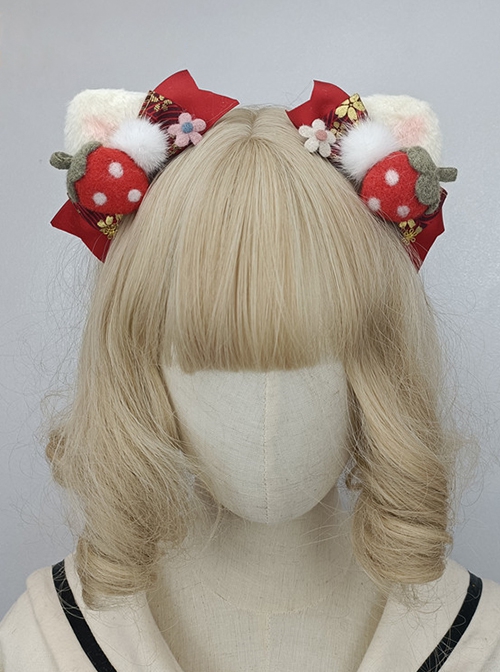 Strawberry Hair Ball Bow-Knot Cute Pink-White Cat Ears Daily Christmas Sweet Lolita Hair Clip