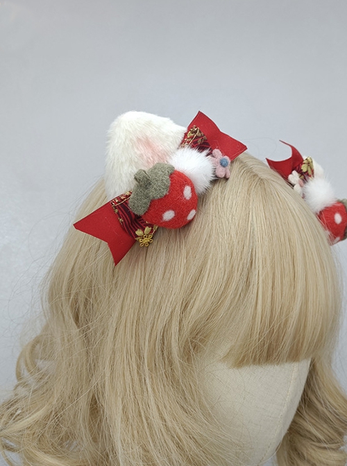 Strawberry Hair Ball Bow-Knot Cute Pink-White Cat Ears Daily Christmas Sweet Lolita Hair Clip