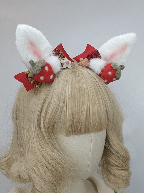 Cute Pink-White Rabbit Ears Strawberry Bow-Knot Hairball Sweet Lolita Daily Christmas Hair Clip