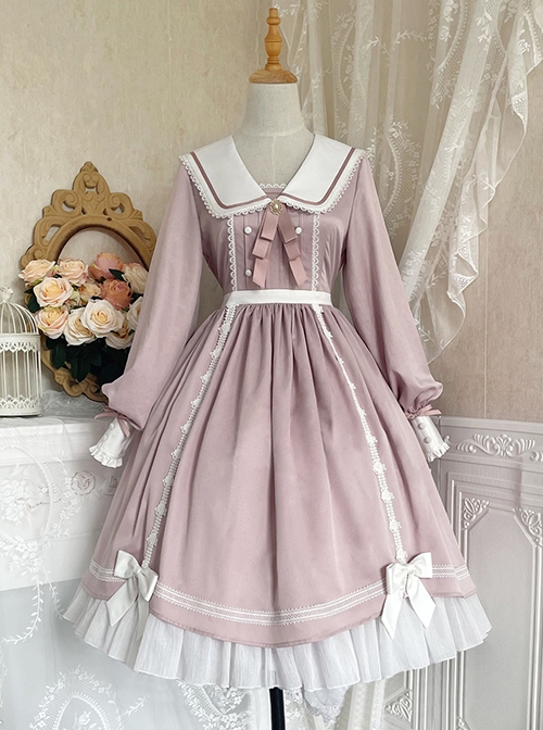 Solid Color Elegant Autumn Gentle Lantern Sleeve Rose Lace Rabbit Ears Classic Lolita Long Sleeve Dress