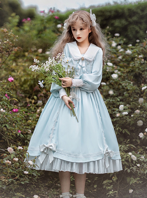 Solid Color Elegant Autumn Gentle Lantern Sleeve Rose Lace Rabbit Ears Classic Lolita Long Sleeve Dress