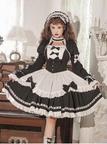 Black-White Elegant Maid Bubble Flare Sleeves Bow-Knot Decorate Lace Classic Lolita Sleeveless Dress Set