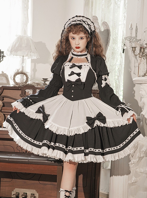 Black-White Elegant Maid Bubble Flare Sleeves Bow-Knot Decorate Lace Classic Lolita Sleeveless Dress Set