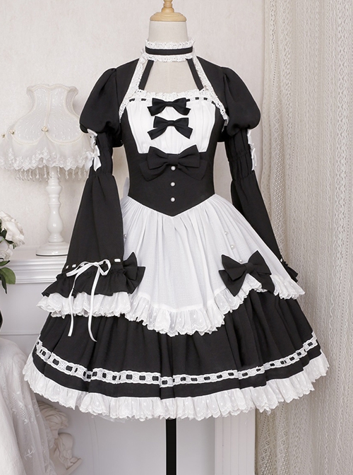 Black-White Elegant Maid Bubble Flare Sleeves Bow-Knot Decorate Lace Classic Lolita Sleeveless Dress Set