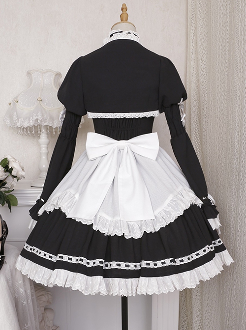 Black-White Elegant Maid Bubble Flare Sleeves Bow-Knot Decorate Lace Classic Lolita Sleeveless Dress Set