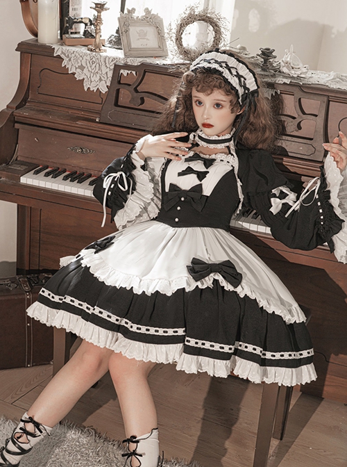 Black-White Elegant Maid Bubble Flare Sleeves Bow-Knot Decorate Lace Classic Lolita Sleeveless Dress Set