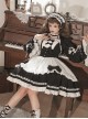 Black-White Elegant Maid Bubble Flare Sleeves Bow-Knot Decorate Lace Classic Lolita Sleeveless Dress Set