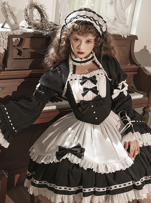 Black-White Elegant Maid Bubble Flare Sleeves Bow-Knot Decorate Lace Classic Lolita Sleeveless Dress Set