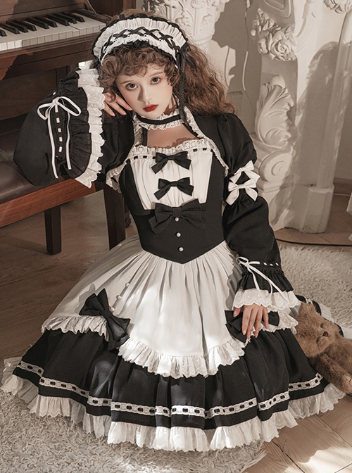 Black-White Elegant Maid Bubble Flare Sleeves Bow-Knot Decorate Lace Classic Lolita Sleeveless Dress Set