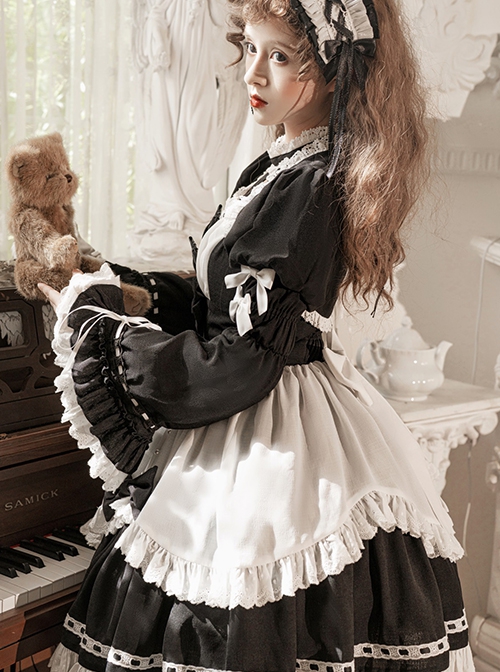 Black-White Elegant Maid Bubble Flare Sleeves Bow-Knot Decorate Lace Classic Lolita Sleeveless Dress Set