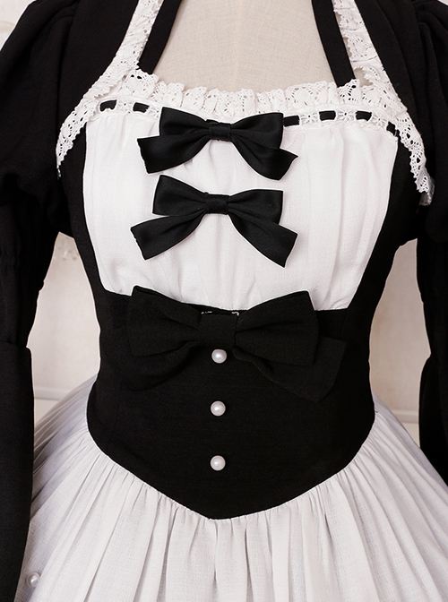 Black-White Elegant Maid Bubble Flare Sleeves Bow-Knot Decorate Lace Classic Lolita Sleeveless Dress Set