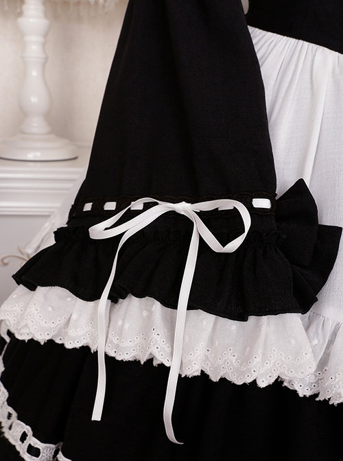 Black-White Elegant Maid Bubble Flare Sleeves Bow-Knot Decorate Lace Classic Lolita Sleeveless Dress Set