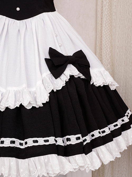 Black-White Elegant Maid Bubble Flare Sleeves Bow-Knot Decorate Lace Classic Lolita Sleeveless Dress Set