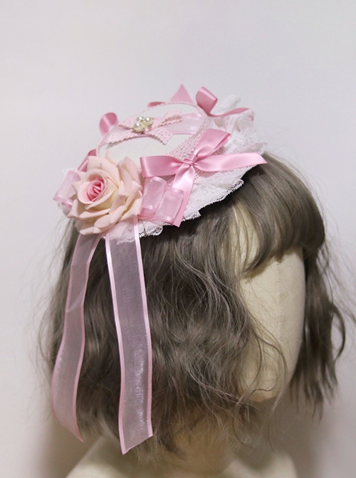 Sweet Pink Bow-Knot White Lace Classic Lolita Rose Small Topper Hair Clip