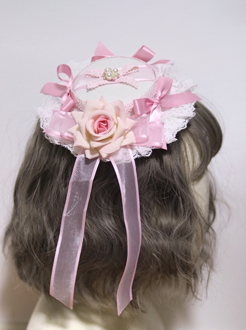 Sweet Pink Bow-Knot White Lace Classic Lolita Rose Small Topper Hair Clip