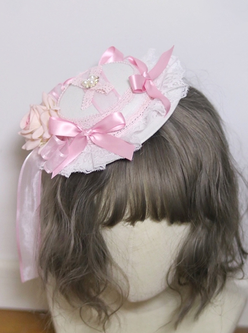 Sweet Pink Bow-Knot White Lace Classic Lolita Rose Small Topper Hair Clip