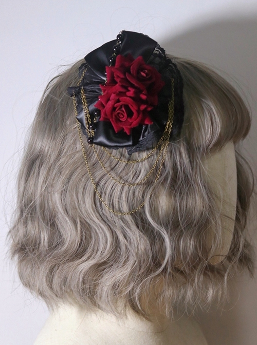 Gothic Red Rose Lace Bead Chain Decorated Gothic Lolita Hair Clip