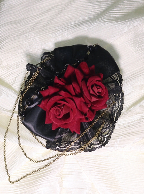 Gothic Red Rose Lace Bead Chain Decorated Gothic Lolita Hair Clip