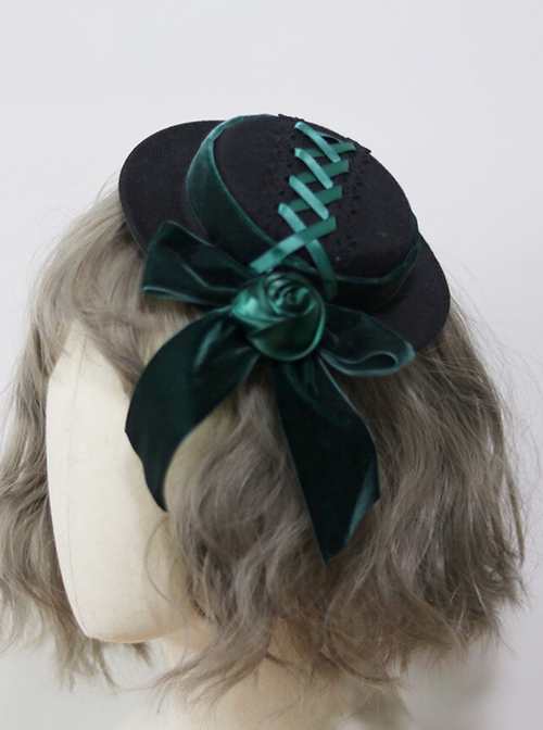 Gothic Dark Green Velvet Bow-Knot Rose Retro Gothic Lolita Small Topper Hairpin