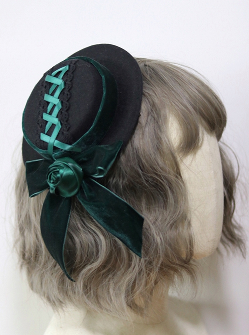 Gothic Dark Green Velvet Bow-Knot Rose Retro Gothic Lolita Small Topper Hairpin