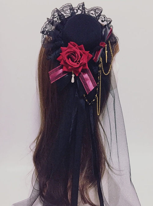 Red Rose Vintage Gothic Lace Bow Bead Chain Decorative Detachable Head Yarn Gothic Lolita Small Topper Hair Clip