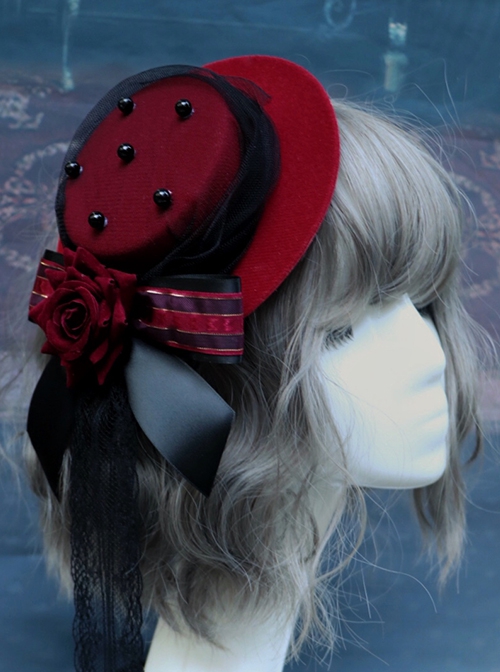 Retro Gorgeous Court Gothic Style Red Velvet Rose Striped Ribbon Bow-Knot Gothic Lolita Small Topper Hairpin