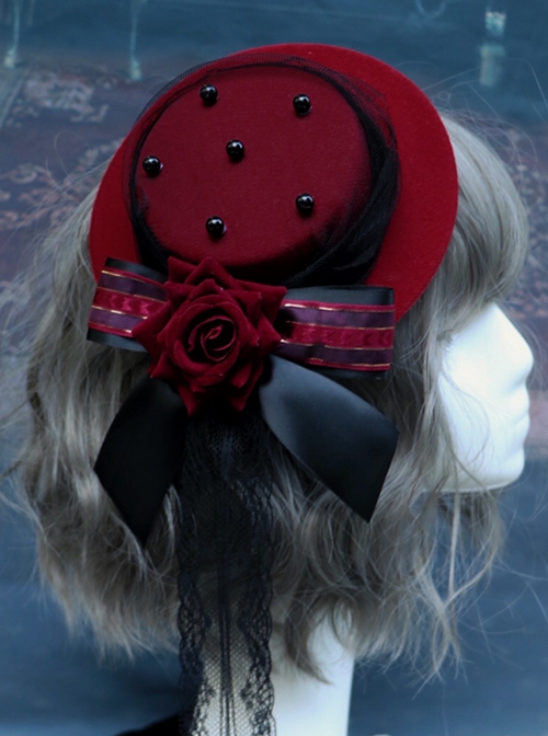 Retro Gorgeous Court Gothic Style Red Velvet Rose Striped Ribbon Bow-Knot Gothic Lolita Small Topper Hairpin