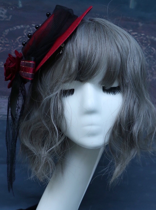 Retro Gorgeous Court Gothic Style Red Velvet Rose Striped Ribbon Bow-Knot Gothic Lolita Small Topper Hairpin