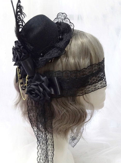 Gothic Style Gorgeous Retro Rose Bow Feather Top Hat Hairpin Lace Rose Eye Mask Gothic Lolita Hairpin Eye Mask Set