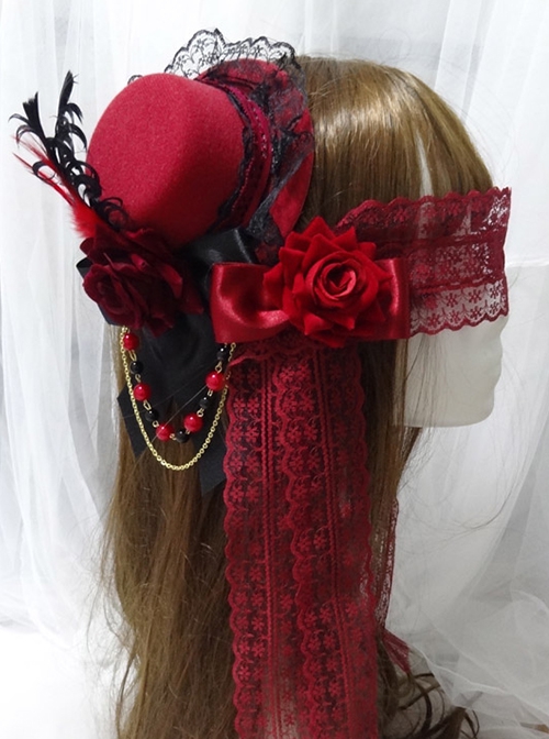 Gothic Style Gorgeous Retro Rose Bow Feather Top Hat Hairpin Lace Rose Eye Mask Gothic Lolita Hairpin Eye Mask Set