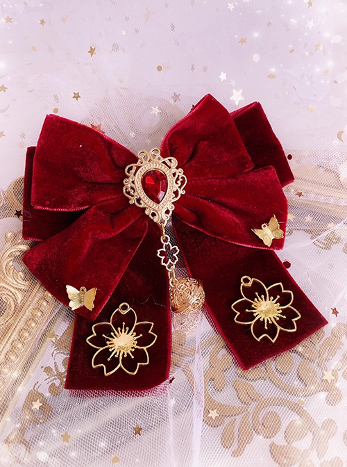 Wine Red Velvet Sakura Butterflies Bow-Knot Decorated Classic Lolita Hair Clip