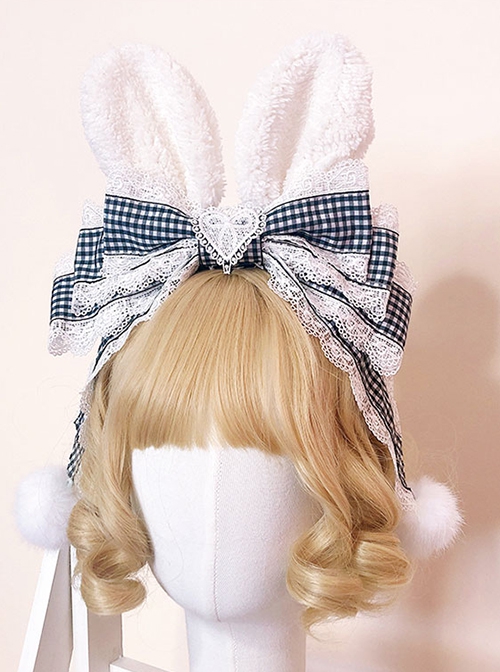 Black White Plaid Cute Plush Rabbit Ear Hair Ball Heart Lace Classic Lolita Headband