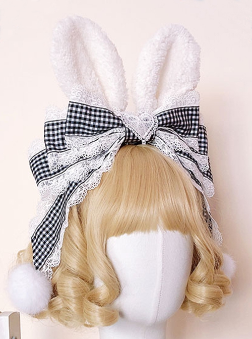 Black White Plaid Cute Plush Rabbit Ear Hair Ball Heart Lace Classic Lolita Headband