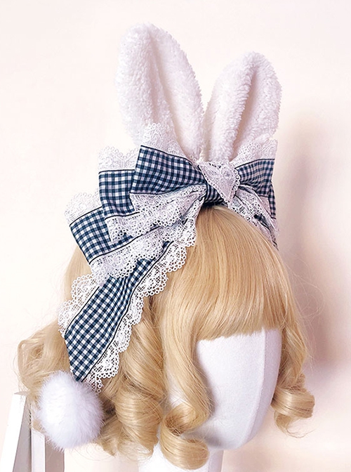 Black White Plaid Cute Plush Rabbit Ear Hair Ball Heart Lace Classic Lolita Headband