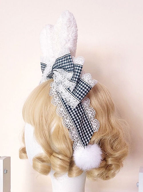 Black White Plaid Cute Plush Rabbit Ear Hair Ball Heart Lace Classic Lolita Headband