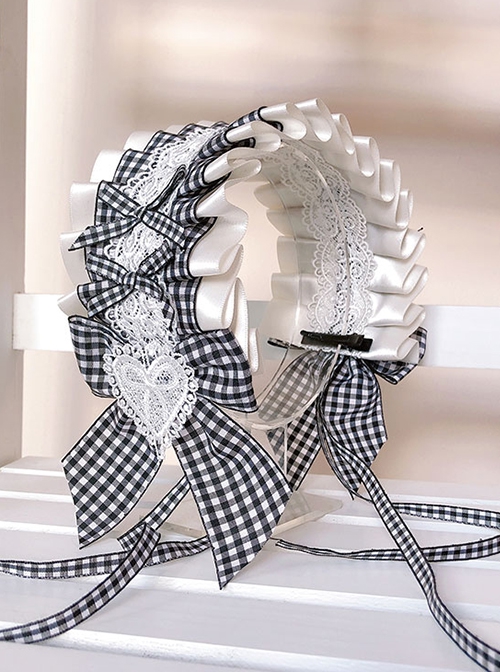 Black White Plaid Simple Love Lace White Ribbon Classic Lolita Headband