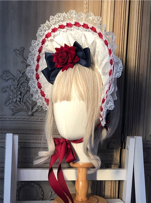 Gorgeous Lace Red Velvet Rose Ribbon Paneled Bow Tie Classic Lolita Headband