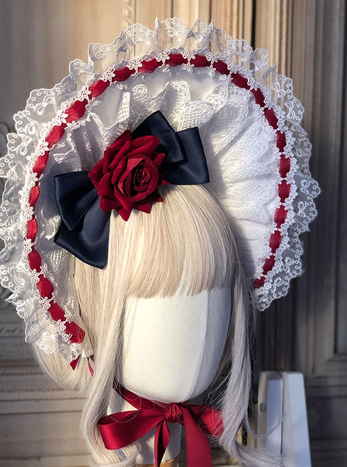 Gorgeous Lace Red Velvet Rose Ribbon Paneled Bow Tie Classic Lolita Headband