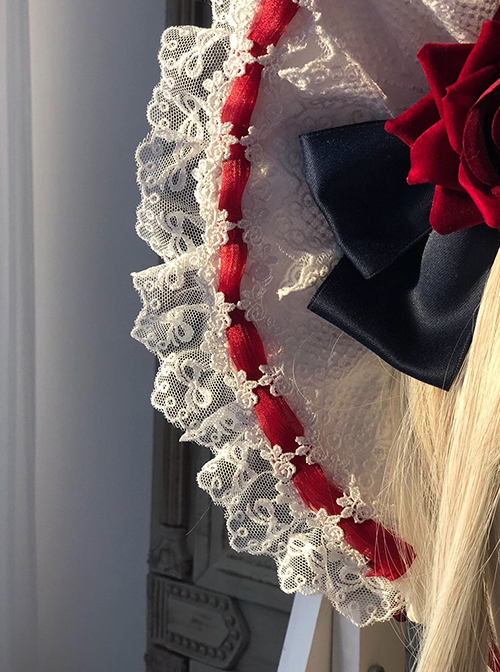 Gorgeous Lace Red Velvet Rose Ribbon Paneled Bow Tie Classic Lolita Headband