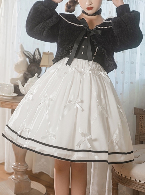 Black-White Elegant Sleeveless Lace Bow Dress Plush Jacket Classic Lolita Dress Set