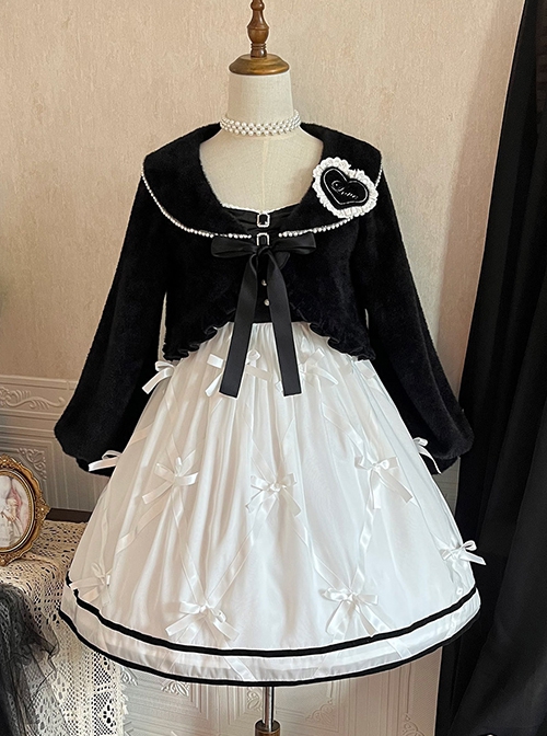 Black-White Elegant Sleeveless Lace Bow Dress Plush Jacket Classic Lolita Dress Set