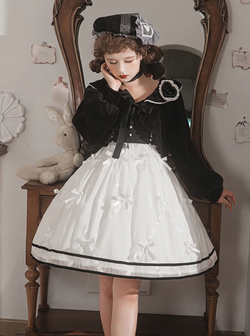 Black-White Elegant Sleeveless Lace Bow Dress Plush Jacket Classic Lolita Dress Set