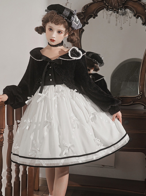 Black-White Elegant Sleeveless Lace Bow Dress Plush Jacket Classic Lolita Dress Set