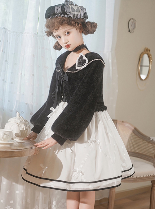 Black-White Elegant Sleeveless Lace Bow Dress Plush Jacket Classic Lolita Dress Set