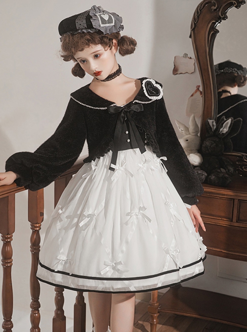 Black-White Elegant Sleeveless Lace Bow Dress Plush Jacket Classic Lolita Dress Set