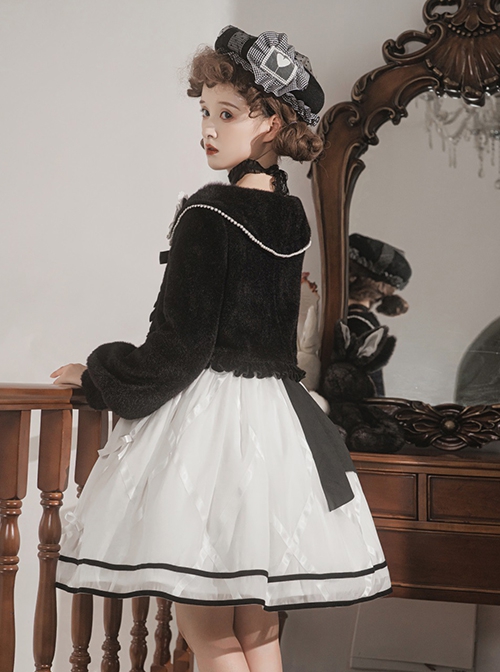 Black-White Elegant Sleeveless Lace Bow Dress Plush Jacket Classic Lolita Dress Set