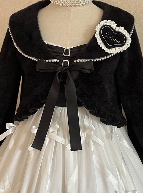 Black-White Elegant Sleeveless Lace Bow Dress Plush Jacket Classic Lolita Dress Set