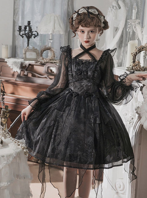 Irregular Print Irregular Hem Design Semi-Sheer Lantern Sleeve Classic Lolita Long Sleeve Dress