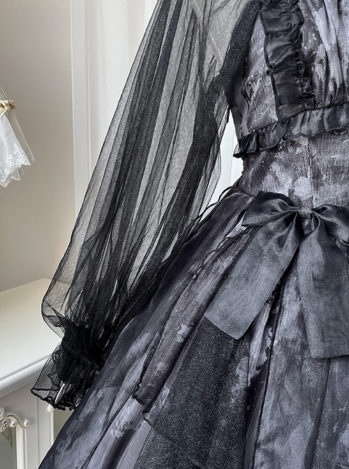 Irregular Print Irregular Hem Design Semi-Sheer Lantern Sleeve Classic Lolita Long Sleeve Dress