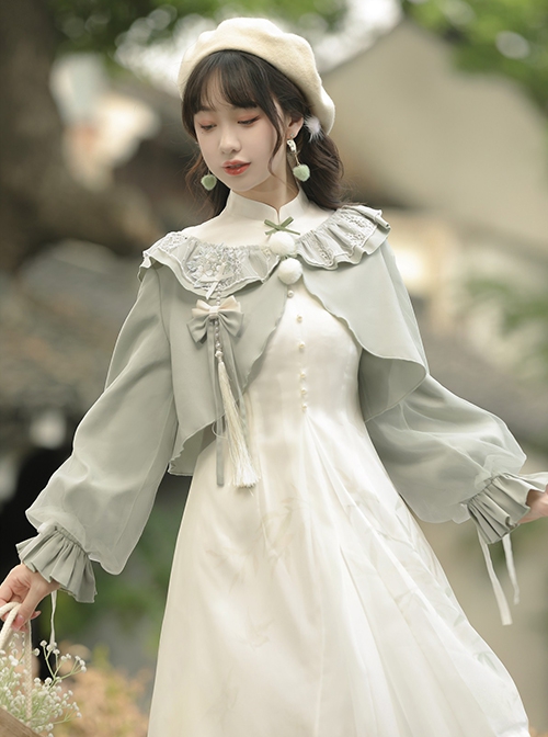 Green Fresh Bamboo Print New Chinese Style Improved Cheongsam Stand Collar Bow Tassel Decoration Hanfu Short Sleeve Dress Suit